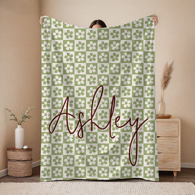 Custom Floral Checkered Blanket Gift for Mom, Girl Fleecedecke (Custom Khaki Checkered Blanket Baby Shower & Birthday Gift, Custom Cozy Floral Blanket Gift for Mom)
