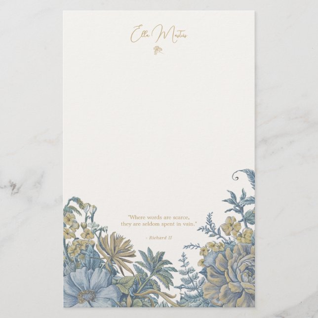 Custom Floral Elegante Script Zitat Chic Blau Briefpapier (Vorderseite)