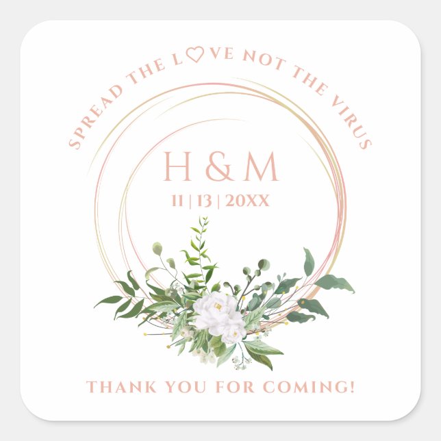 Custom Floral Garland White Pink Wedding Sanitizer Quadratischer Aufkleber (Vorderseite)