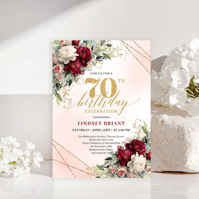 Custom floral gold 70th birthday celebration desig einladung (Custom floral gold 70th birthday celebration design)