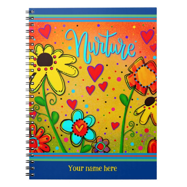 Custom Floral Hearts Gelber Spaß farbenfrohe Nurtu Notizblock (Vorderseite)