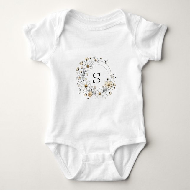 Custom Floral Monogram Baby Boho Sage Green Strampler (Vorderseite)