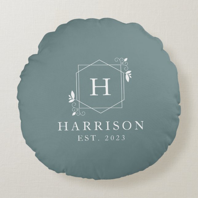 Custom Floral Monogram Initial Luxus Rundes Kissen (Vorderseite)