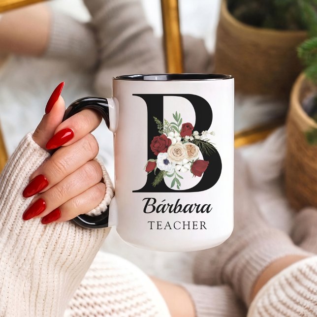 Custom Floral Monogram Mug Gift for Bride Teacher (Personalized Floral Alphabet Mug Gift for Teacher, Nurse, Doctor, Coworker, Boss, and Bridesmaid)