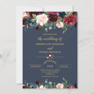 Custom Floral Navy Blue Burgundy Gold Wedding Einladung