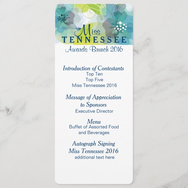Custom Floral Pageant Awards Brunch Programmkarte  Menükarte (Vorderseite)