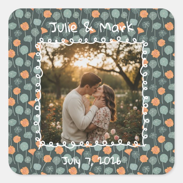 Custom Floral Photo Engagement  Quadratischer Aufkleber (Vorderseite)