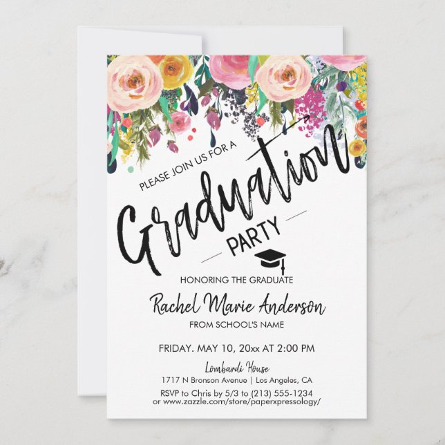 Custom Floral School Abschluss Foto Party Einladung (Vorderseite)