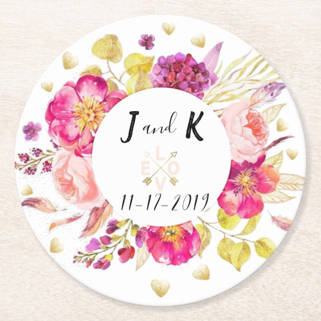 Custom Floral Wedding Design Runder Pappuntersetzer (Vorderseite)