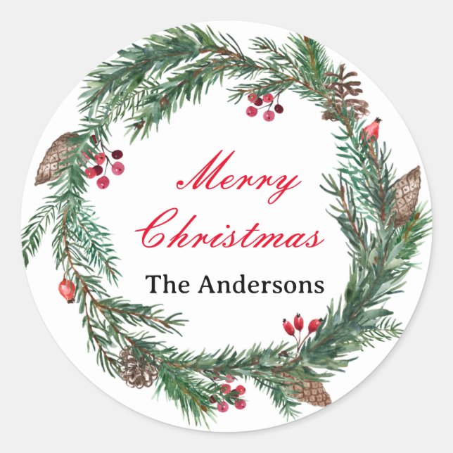 Custom Floral Wreath Frohe Weihnachtsfamilie Name Runder Aufkleber (Vorderseite)
