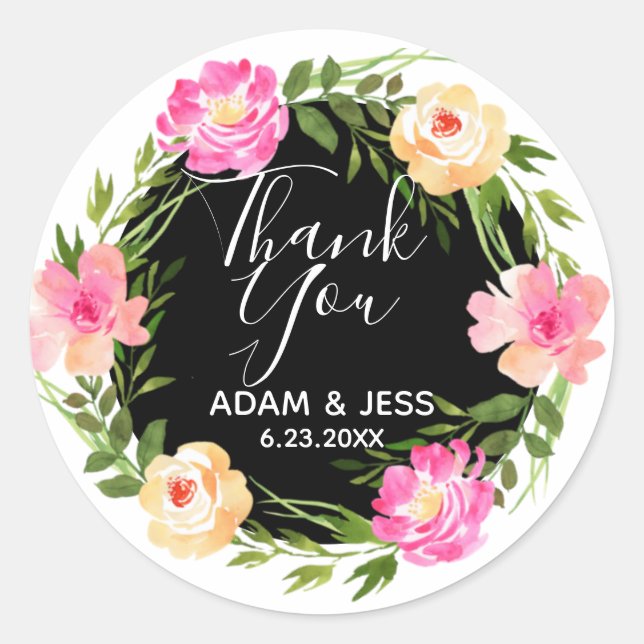Custom Floral Wreath Vielen Dank Runder Aufkleber (Vorderseite)