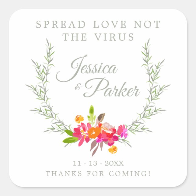 Custom Floral Wreath Wedding Sanitizer Hand Gel Quadratischer Aufkleber (Vorderseite)