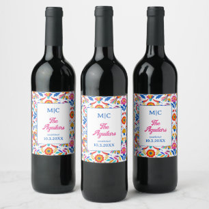 Custom Folk Art Floral Fiesta Monogram Wedding Weinetikett