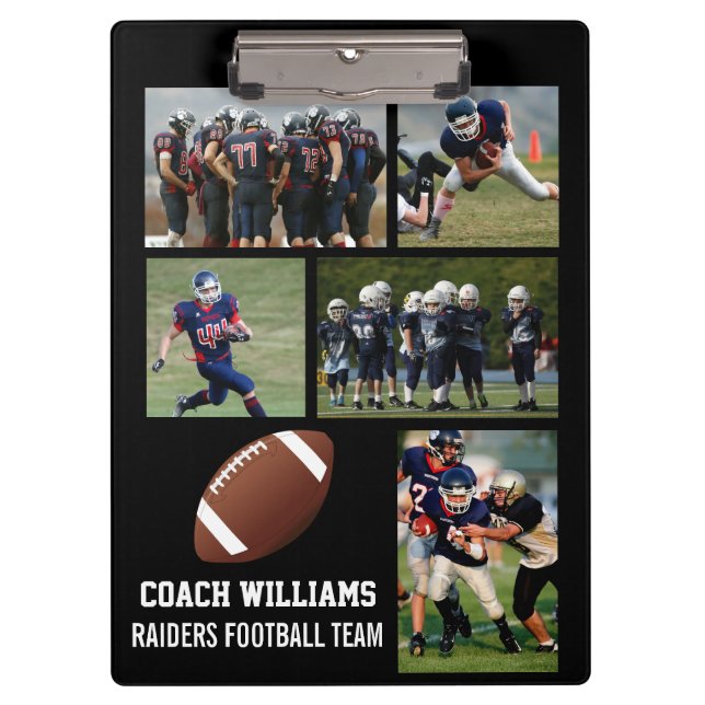 Custom Football Coach 5 Foto Collage Team Name Klemmbrett (Vorderseite)