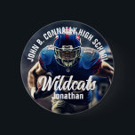 Custom Football Player Foto High School Spirit Button<br><div class="desc">Diese coole,  kundenspezifische High School Football Player Foto Spirituosen-Taste zeigt eine weiße Typografie Ihrer Mannschaft und Spielernamen. Personalisieren Sie mit dem Maskottyp über das Athletenfoto.</div>