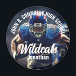 Custom Football Player Foto High School Spirit Magnet<br><div class="desc">Dieser coole,  kundenspezifische High School Football Foto Spirituosenmagnet zeichnet sich durch eine weiße Typografie Ihres Mannschafts- und Spielernamen aus. Personalisieren Sie mit dem Maskottyp über das Athletenfoto.</div>