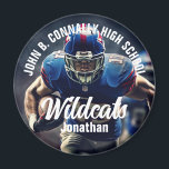 Custom Football Player Foto High School Spirit Magnet<br><div class="desc">Dieser coole,  kundenspezifische High School Football Foto Spirituosenmagnet zeichnet sich durch eine weiße Typografie Ihres Mannschafts- und Spielernamen aus. Personalisieren Sie mit dem Maskottyp über das Athletenfoto.</div>