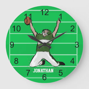 Custom Football Player Touchdown Green und White Große Wanduhr