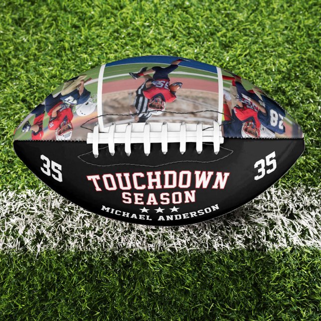 Custom Football Touchdown Foto Collage (Personalize this football as a keepsake gift for a football player. Add their name and player number)
