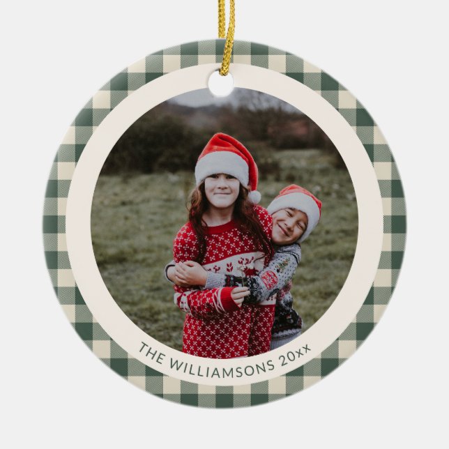 Custom Forest Green Kariert Rustikales Foto Weihna Keramik Ornament (Vorne)