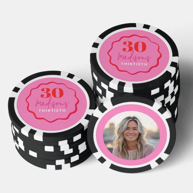 Custom Foto 30. Geburtstag Poker Chip Pink & Red (Stapel)