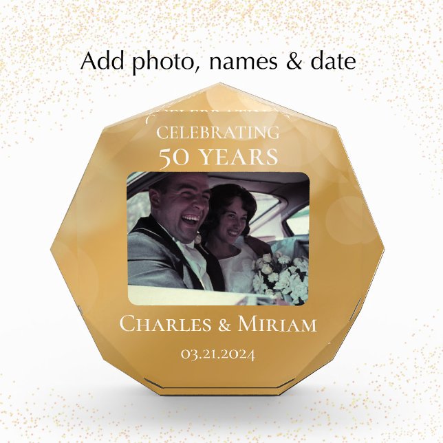 Custom Foto 50. Goldenes Jubiläum Keepake Geschenk (Create a golden wedding anniversary photo keepsake gift. Personalize acrylic photo block with names.)