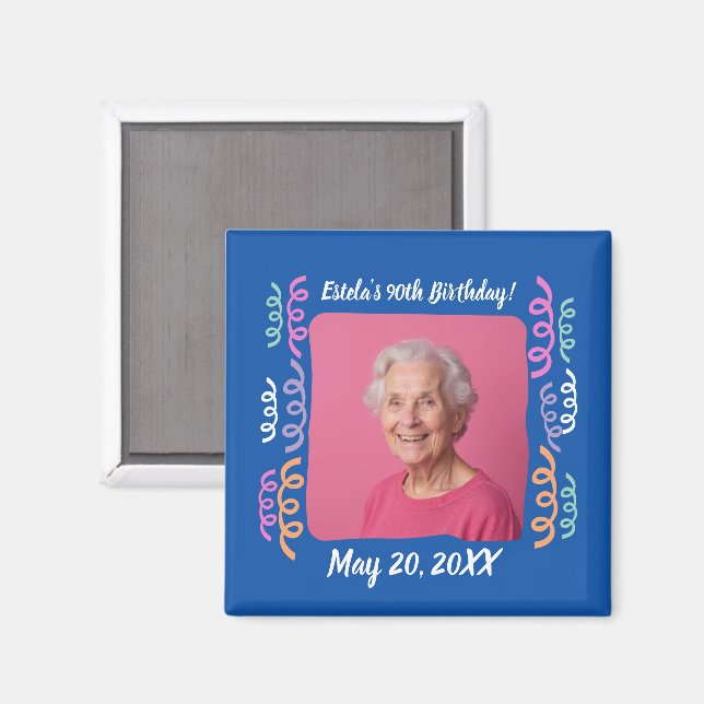 Custom Foto 90. Geburtstag Streamers Keepake Magnet (Vorderseite/Rückseite)