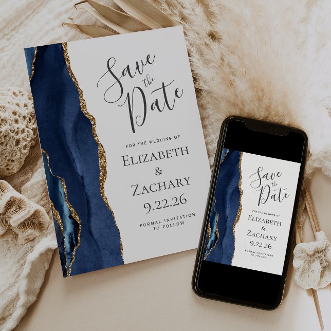 Custom Foto Agate Navy Blue Gold Save the Date Einladung (Von Creator hochgeladen)