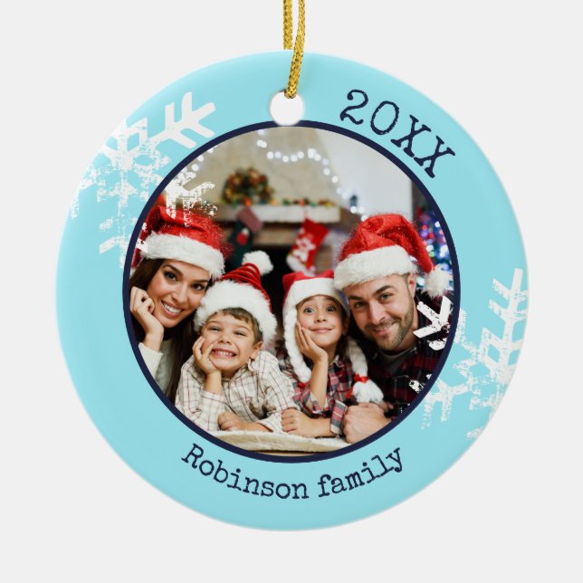 Custom Foto Aqua Blue Snowflake Circle Ornament (Vorne)