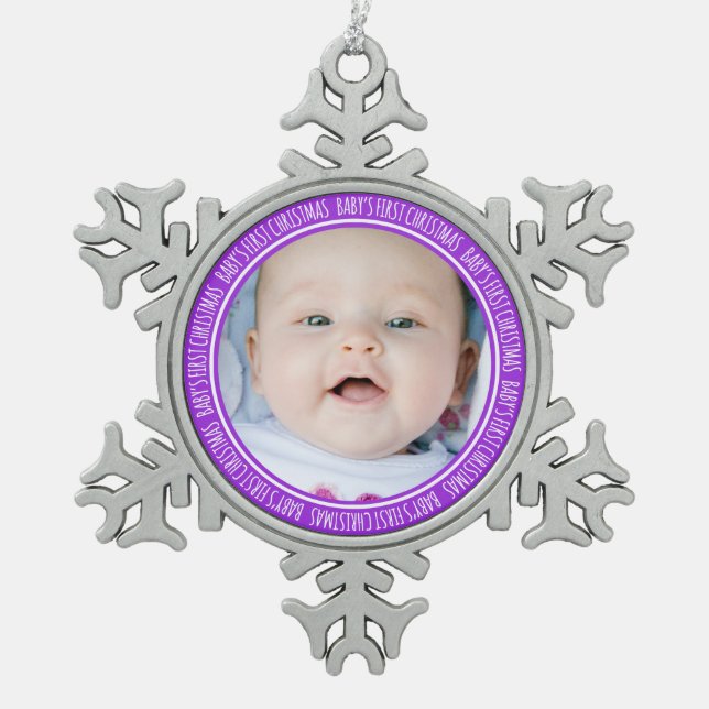 Custom Foto Baby's 1. Weihnachtsdekoration Lila Schneeflocken Zinn-Ornament (Vorderseite)