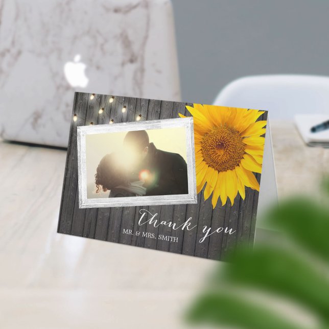 Custom Foto Barn Wood Sunflower Wedding Vielen Dan Dankeskarte (Von Creator hochgeladen)