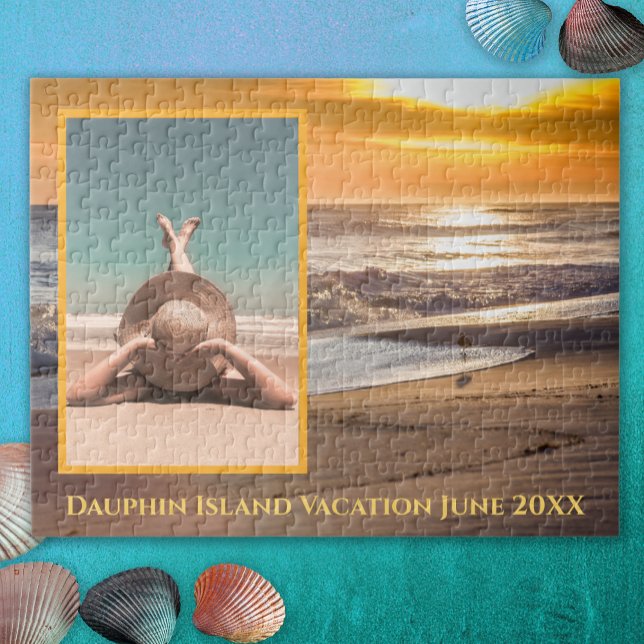 Custom Foto Beach Sunset Vacation Erinnerungen (Vacation Memory Beach Sunset with Family Photo Jigsaw Puzzle)
