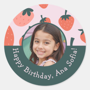 Custom Foto Berry Sweet Strawberry Birthday Party Runder Aufkleber