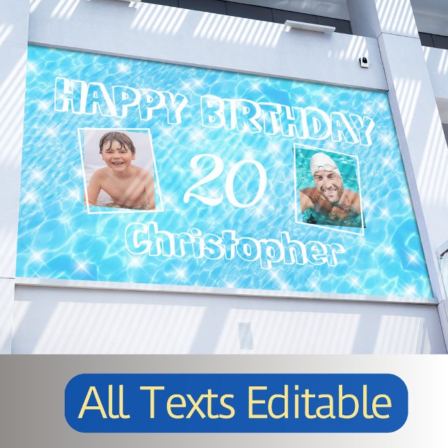 Custom Foto Birthday Pool Party Blue Water Ripple Banner (Von Creator hochgeladen)