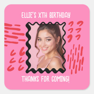 Custom Foto Birthday Sketchy Doodle Gastgeschenke Quadratischer Aufkleber