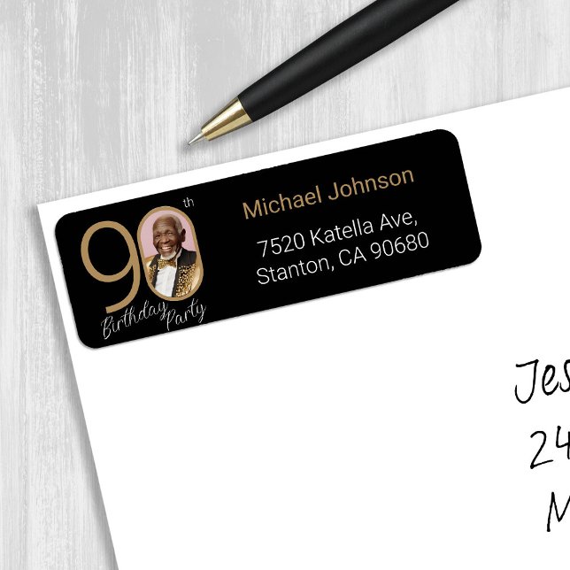 Custom Foto Black Gold 90. Geburtstagsadresse (Custom Photo Black Gold 90th Birthday Address Label)