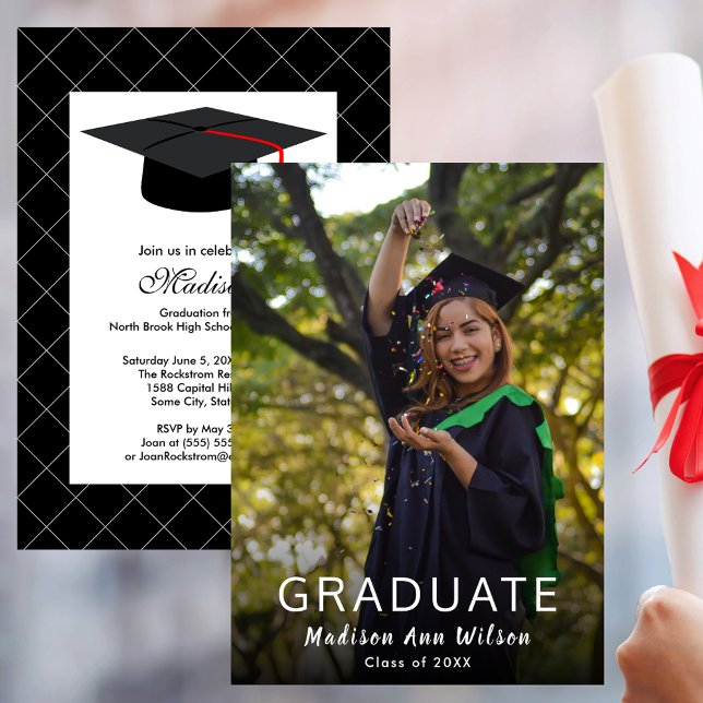 Custom Foto Black Grad Cap Graduation Party Einladung (Custom Photo Black Grad Cap Graduation Party Invitation)