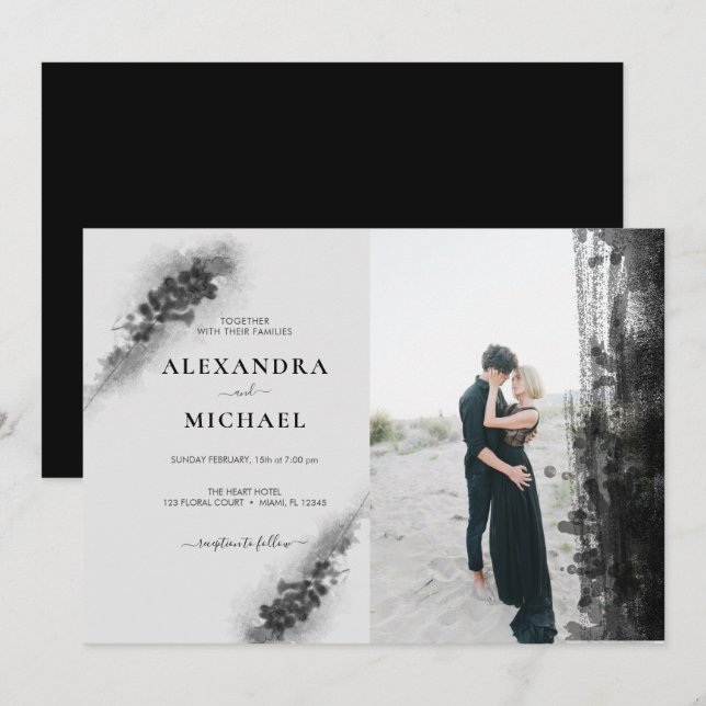 Custom Foto Black Lavander Floral Wedding Einladung (Vorne/Hinten)