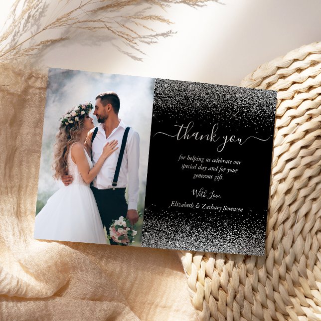 Custom Foto Black Silver Glitzer Hochzeit Dankeskarte (Von Creator hochgeladen)