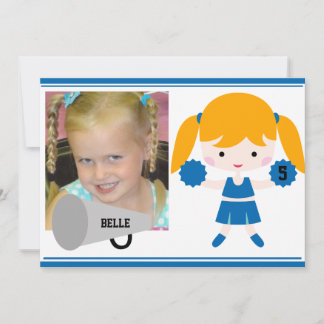 Custom Foto Blue Cheerleader Birthday Einladung