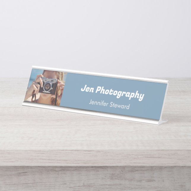 Custom Foto Blue Fotograf Schreibtischnamensplakette (Vorderseite )