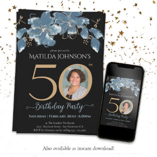 Custom Foto Blue Gold Floral 50. Geburtstag Einladung