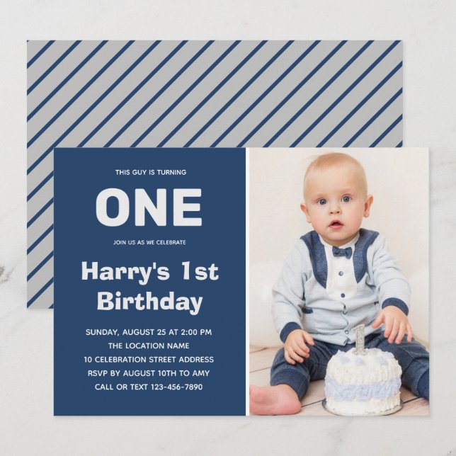 Custom Foto Blue Gray | Junge 1. Geburtstag Einladung (Vorne/Hinten)
