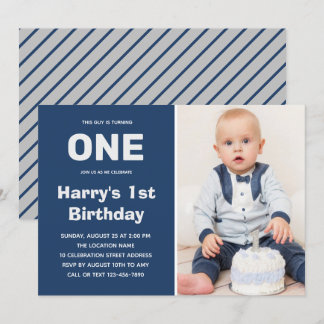 Custom Foto Blue Gray | Junge 1. Geburtstag Einladung