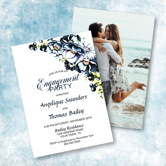 Custom Foto Blue Grey Floral Engagement Party Einladung (Von Creator hochgeladen)