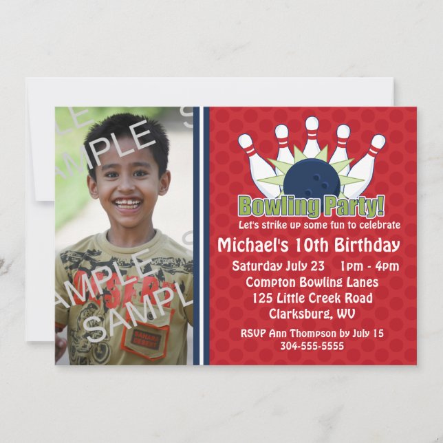 Custom Foto Bowling Birthday Party Einladung (Vorderseite)