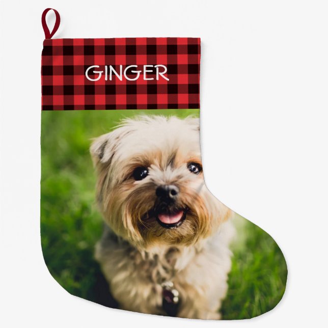 Custom Foto Buffalo Kariert Personalisiert Großer Weihnachtsstrumpf (Vorderseite)