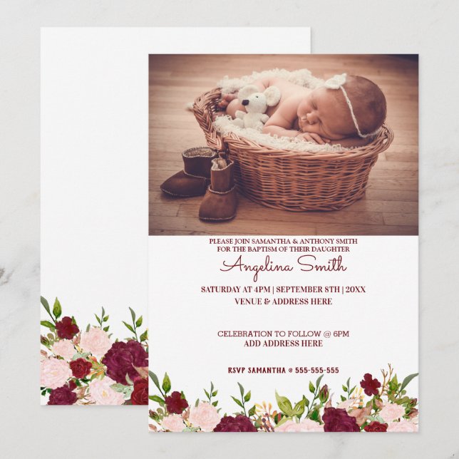 Custom Foto Burgundy Blumentaufen Einladung (Vorne/Hinten)