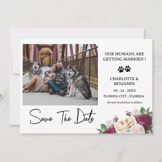 Custom Foto Burgundy Floral Dog Thema Save The Date (Vorderseite)