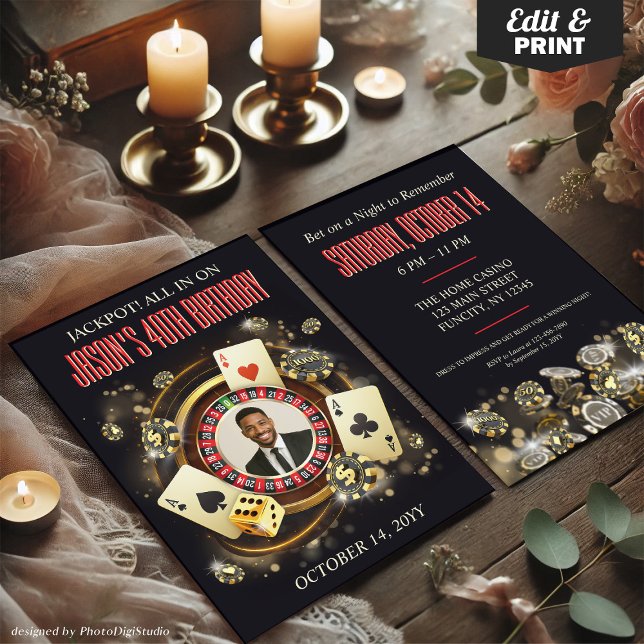Custom Foto Casino Parco Civico-Ciani Einladung (Custom Photo Casino Birthday Party Invite, Casino Invitation with Photo)